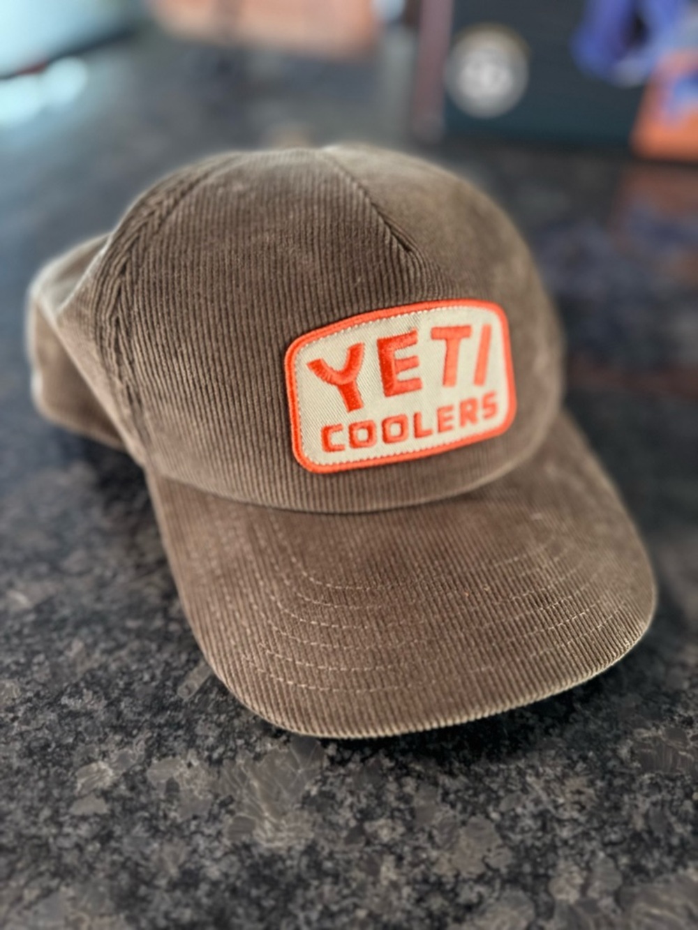 Yeti Brown Corduroy Snapback Hat with Orange Logo Patch